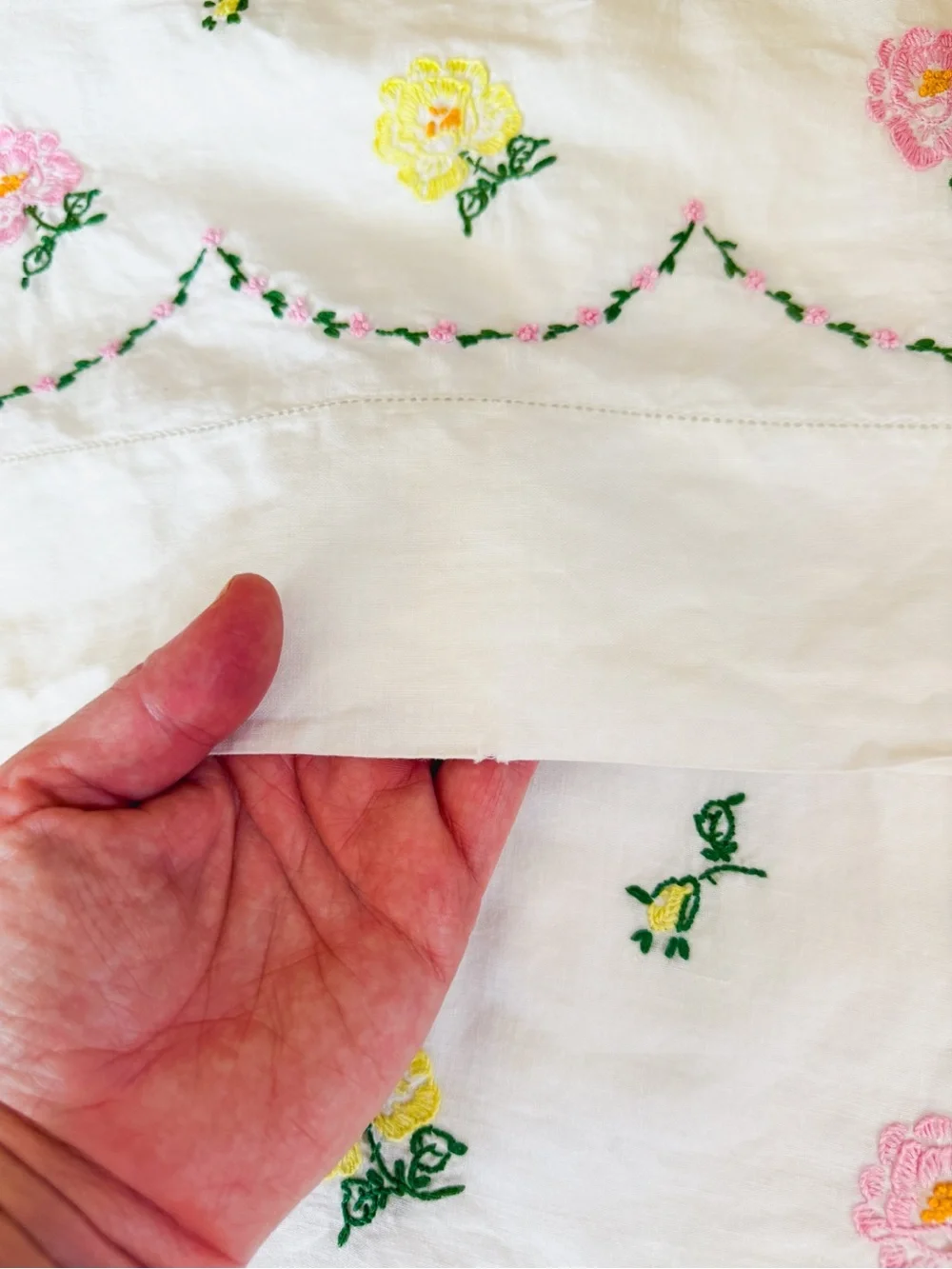 Hand Embroidered Floral Pillowcase Set with Pink and Yellow Blooms
